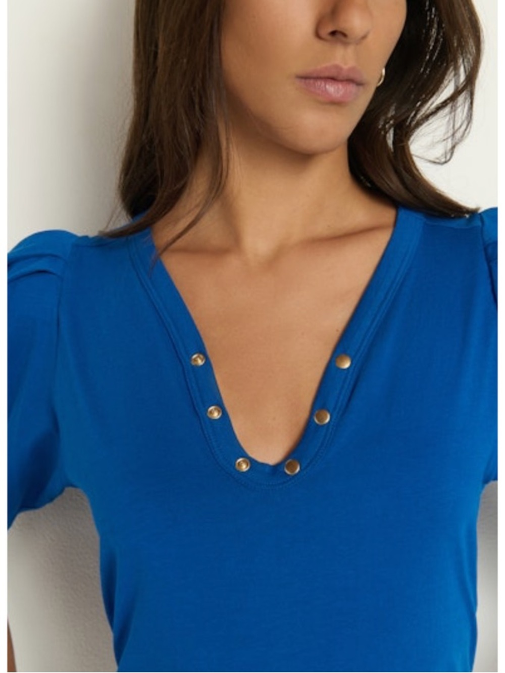 NATION LTD- Nahal Blue Puff-Sleeve V-Neck Top with Stud Detail - Picture 2 of 9